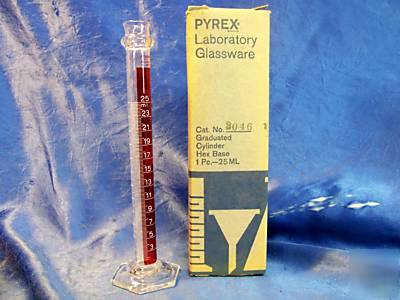 New pyrex red graduated glass cylinder 25 ml. hex base 