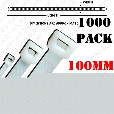 1000 pack - 100MM x 2.5MM natural cable ties, tie wraps