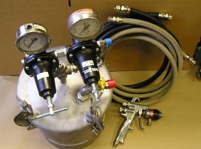 Binks 2.8-gal tank outfits 2 regulators and binks hoses