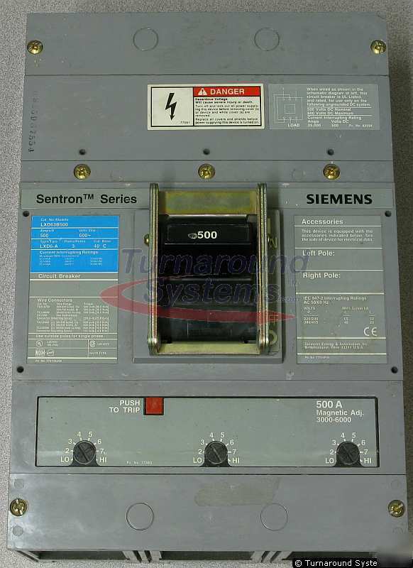 New siemens LXD63B500 circuit breaker, 500 amp, lugs, 