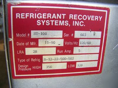 Refrigerant recovery systems inc. model st-100, hvac