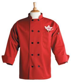 10 button classy red chef coat with black buttons