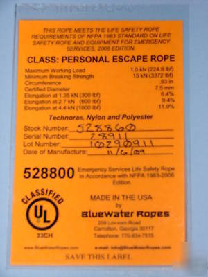 Firefighter personal escape rope 50' length sav-a-jake