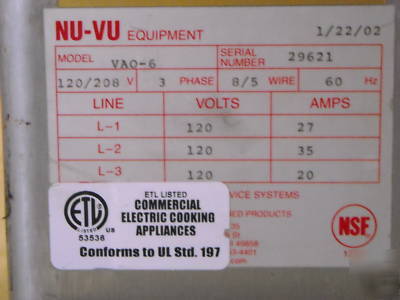 Nu-vu vao-6 convection oven holds 6 full sized trays