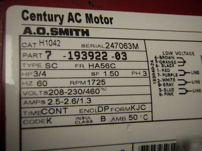 3 phase motor 3/4 hp century ac motor a.o.smith 1725RPM