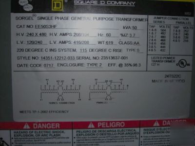 Square d 50KVA, EE50S3HF energy efficient transformer