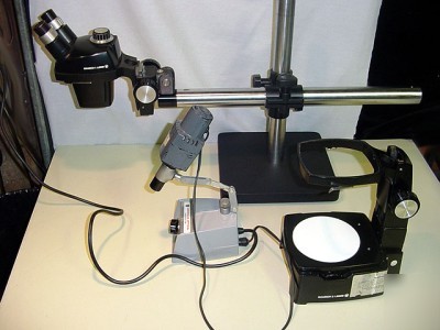 Olympus/b&l stereo boom-stand + microscope +illuminator