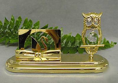 24K gold~crystal owl business card holder desk stand