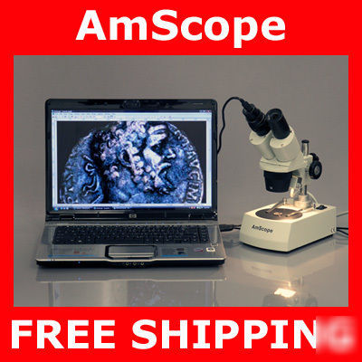 20X-40X-80X stereo microscope w/ two lights + camera