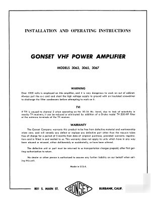 Gonset vhf power amp manual: 3063, 3065, & 3067 Â»rÂ²