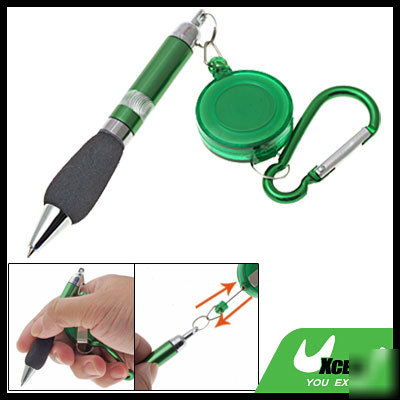 Retractable ball point pen belt & carabiner clip green