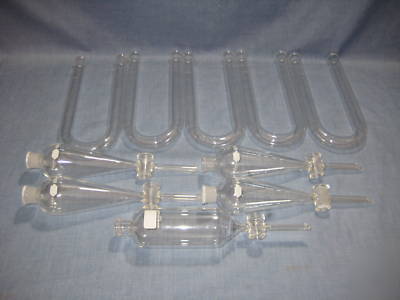 5 kimax drying u-tubes glass + 5 separatory funnels