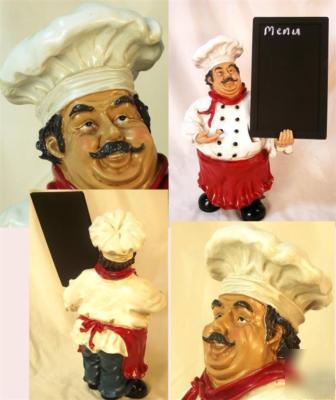 Shapely chef figure menu board stone resin 13.5 in tall