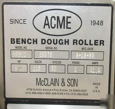 Used acme bench dough roller MRS11 bakery pizza pie 