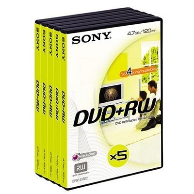 5 sony 4X dvd+rw blank rewritable dvd discs in dvd case