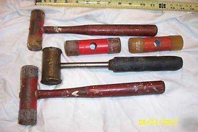 (5) old machinist hammers, brass and plastic, stanley