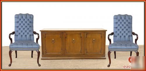 Credenza + 2 blue leather button tuft office arm chairs