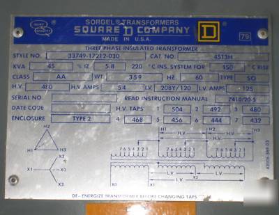 Square d transformer 45 kva 480/208Y/120 3PH 45KVA 