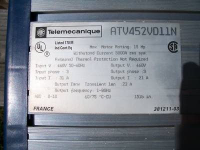 Telemecanique altivar 5 ATV452VD11N 15HP 45 2 series