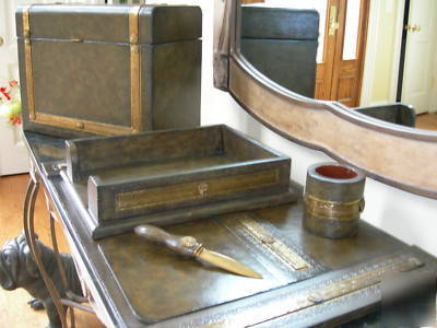 Maitland smith olive green leather sherwood desk set