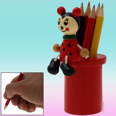Cartoon animal mini red cylinder wooden pen holder